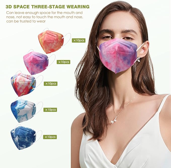KN95 Face Masks 50 Pack 5-Ply Breathable Safety Respirator Multicolor Cup Dust Disposable KN95 Mask