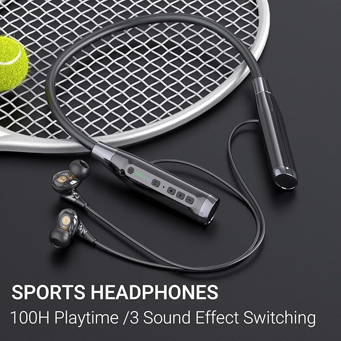 Bluetooth Headphones Neckband 100 Hours Extra Long Playback with Microphone Headset, 4 Speakers Heavy Bass Noise Reduction in Ear Wireless Earbuds Waterproof Running Workout (Black)