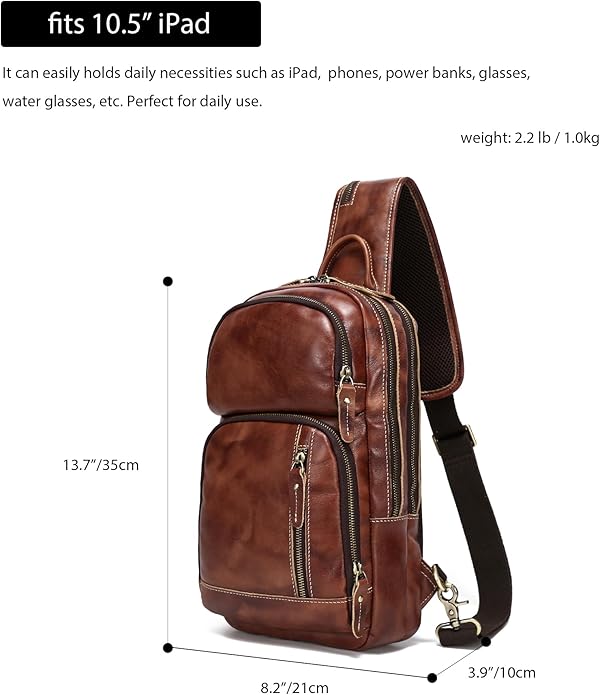 LANNSYNE Full Grain Leather Sling Bag For Men Crossbody Chest Daypack fits 10.5" iPad