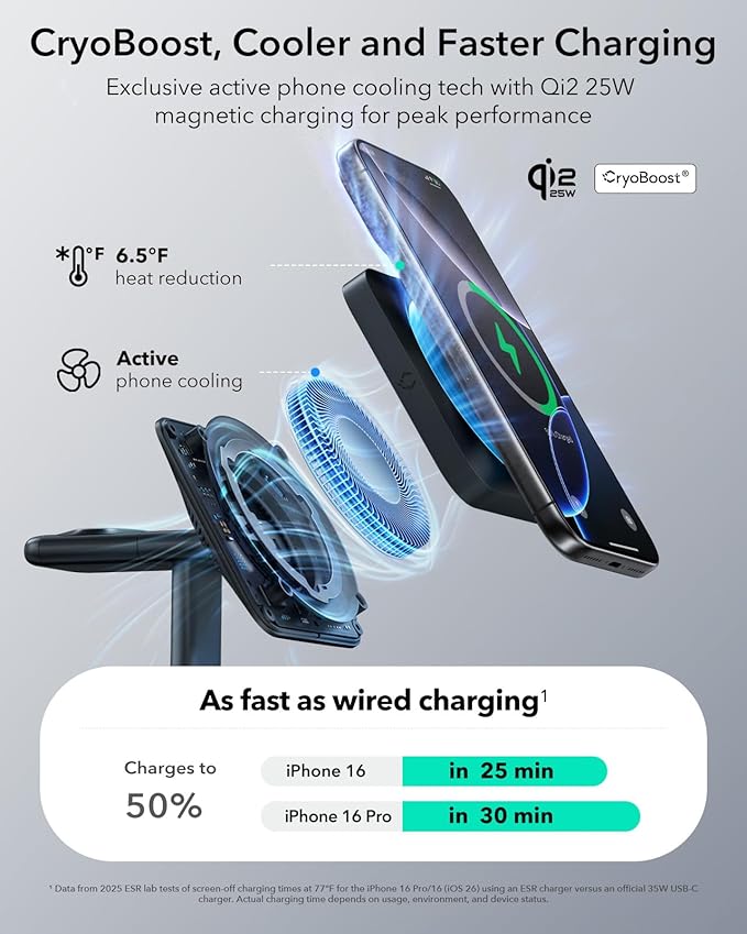 ESR for 3-in-1 Charging Station, Qi2.2 Certified 25W MagSafe Charger Stand with CryoBoost, Phone-Cooling Fast Charging Station, for iPhone 17/16/15/14/13/12, AirPods, Apple Watch, Black