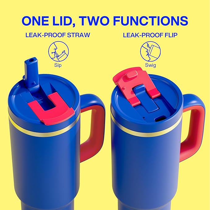 40 oz Tumbler with Handle and Straw: Stainless Steel Insulated Tumbler Keeps Cold for 24 Hours, Leakproof Travel Cup Fits in Cup Holder and BPA-Free, Beaucoup Blue