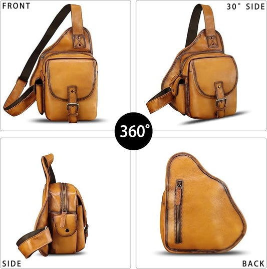 Genuine Leather Sling Bag for Men Women Chest Bags Crossbody Bag Vintage Sling Backpack Purses Hiking Sports Travel (Brown)