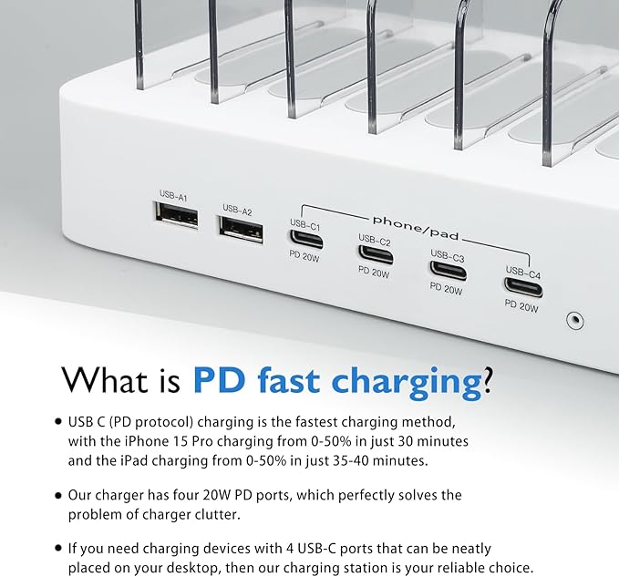 USB C Charging Station for Multiple Devices Apple,100W 4 PD and 2 USB Charger Stations Compatible with Apple iPhone iPad and Android Phone and Tablet,Type C Multi Charging Station