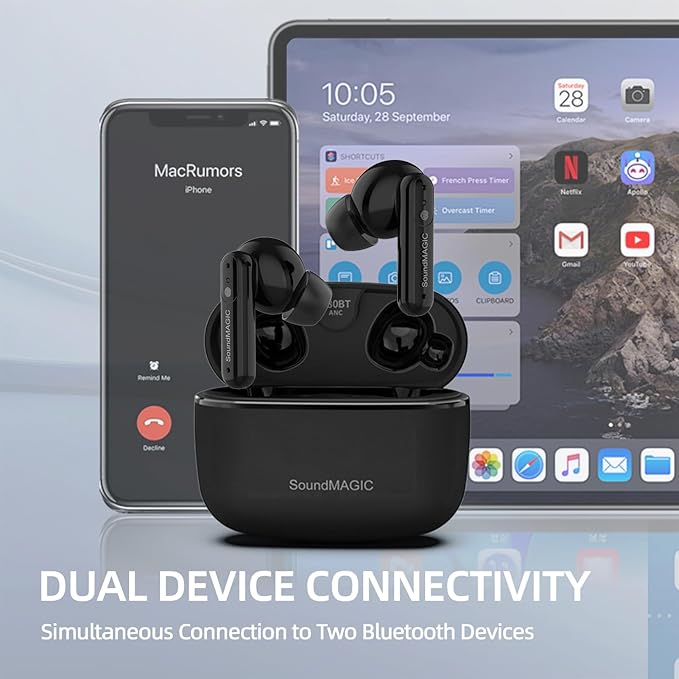 SoundMAGIC T80BT ANC True Wireless Earbuds with Hi-Res Audio,Hibrid Active Noise Cancelling, ENC Call Clarity, 20H Playtime, IPX5 Waterproof, Ultra-Comfy Fit for Sports/Work/Gaming