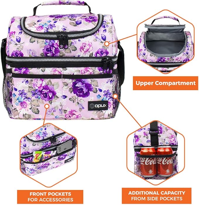 Opux Lunch Box For Women - Large Dual Compartment Insulated Lunch Bag, 10x7.5x10 Inches, Floral Purple