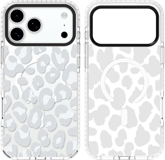 SAKUULO Magnetic for iPhone 17 Pro Case with Screen Protector [Compatible with MagSafe] Light Gray Leopard Print Pattern Wireless Charge Strengthen Protection Cover Light Gray Leopard (6.3")
