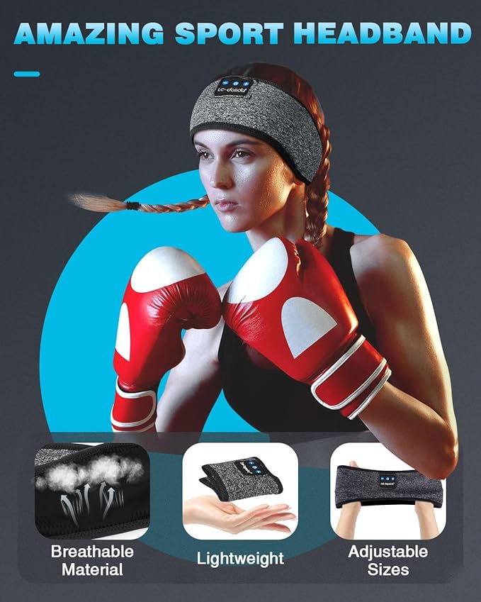 LC-dolida Sleep Headphones Bluetooth Headband, Headband, Sleep Mask with Bluetooth Thin HD Stereo Speakers Perfect for Side Sleepers, Sport, Yoga, Travel, Gray