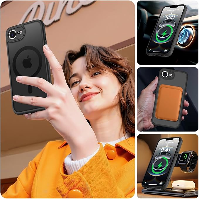 MOCCA Strong Magnetic for iPhone 16e Case [Compatible with Magsafe] [Full Camera Protection] Slim Translucent Matte Shockproof Cover for iPhone 16e Phone Case 6.1'',Black