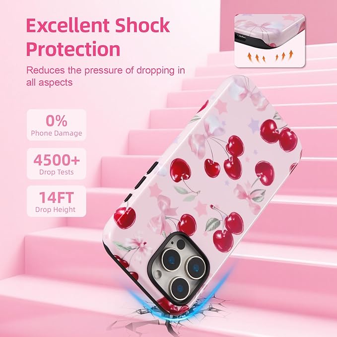 QLTYPRI Case for iPhone 14 Pro, Aesthetic Cute Pink Cherry Bow Phone Case for Girls Women, Protective Hybrid 2-Layer Hard Shell Silicone Cover Durable Shockproof Phone Cover - Pink