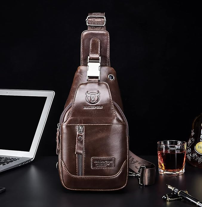 BULLCAPTAIN Genuine Leather Men Sling Backpack Multi Pocket Crossbody Chest Bags Travel Hiking Daypack