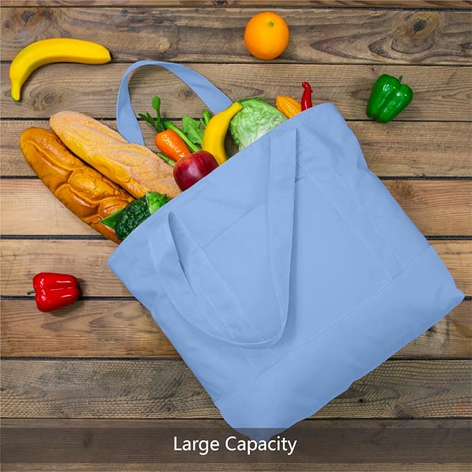 TOPDesign 1-Pack Canvas Tote Bag with an External Pocket, Reusable Grocery Shopping Bag, Top Zipper Closure, Daily Essentials (Light Blue)