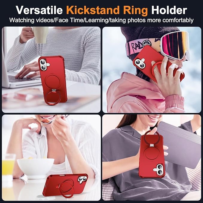 Compatible with iPhone 17 Case with Invisible Magnetic O-Ring Stand Military-Grade Phone Case for iPhone 17 6.3" [Compatible with Mag-Safe][Great Grip Feeling], Red