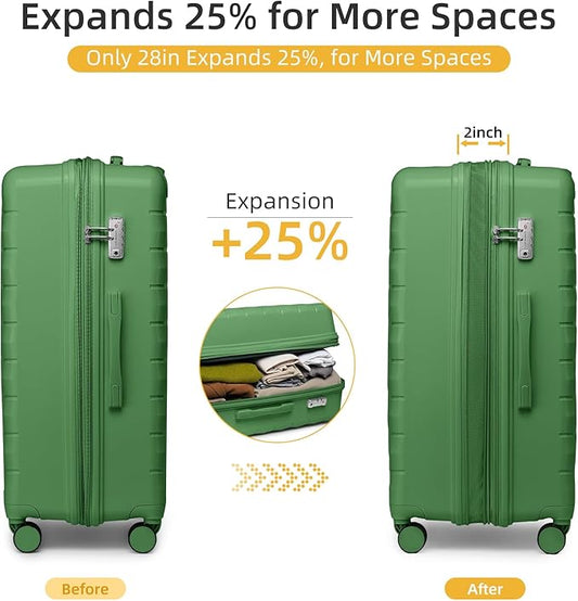 LARVENDER Luggage Sets 5 Piece with Duffel Bag Expandable(Only 28 inch) Hardside PP Carry On Luggage with 360° Spinner Wheels TSA Lock Luggage Sets for Women, Stone Green