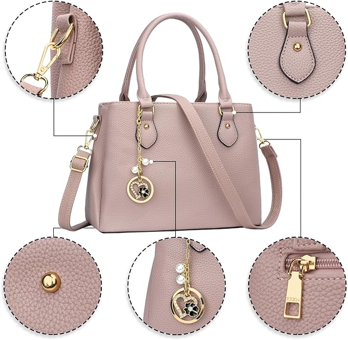 KKXIU Women Satchel Bags Handle Shoulder Handbags and Purses Pockets Zipper Leather Crossbody Bags