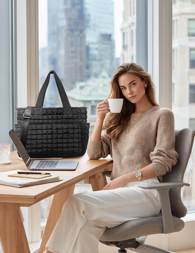 Yarnic Large Puffer Tote Bag for Women, Lightweight 21L Bag with 7 Pockets for School, Travel, Work, Gym Overnight Use