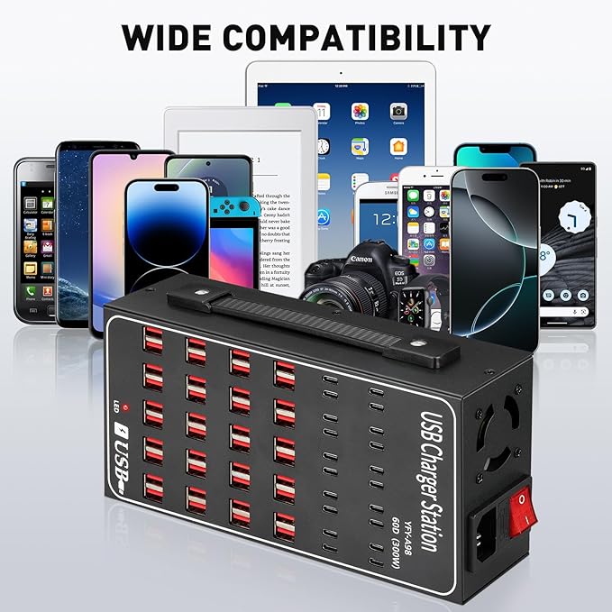 Multiple USB Charging Station 60 Port (40 USB A & 20 USB~C Port), MIXILIN 300W(60A) Fast Charger Station with Power Switch, Desktop USB~C Charger Block Compatible with Phone iPad Kindle Tablet