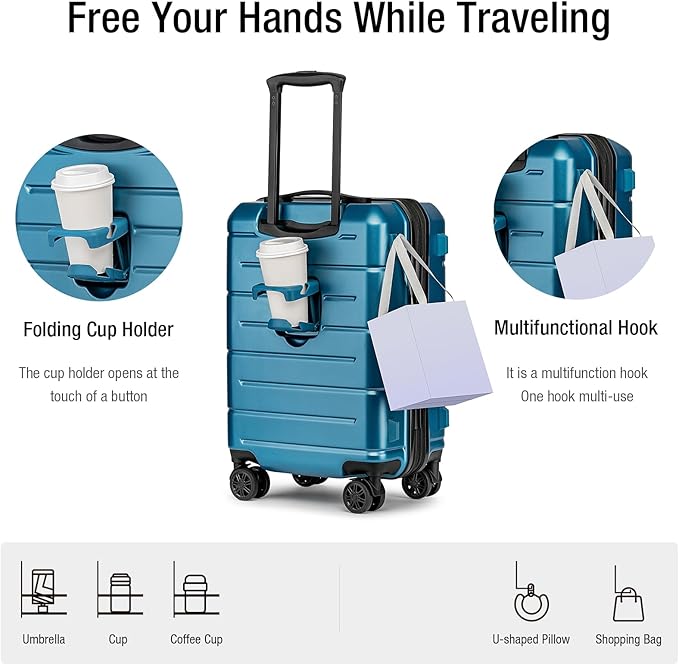 KYME Hardside Expandable Carry On Luggage 22x14x9 Airline Approved 20 Inch Hardshell Carry On Suitcase with Wheels TSA Lock Small Travel Rolling Luggage with Cup Holder for Women Men Lt Blue