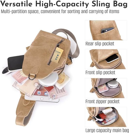 Small Sling Bag for Women - in Vegan Leather Versatile Fanny Pack, Crossbody Bags for Women with Adjustable Guitar Belt Suitable, Khaki