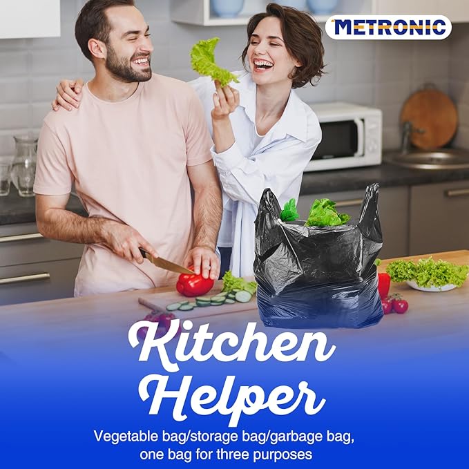 METRONIC 500 Count Black Plastic T-shirt Bags with Handle, 12" x 6.5" x 21" Plastic Carry Bags for Retail, Supermarket, Grocery Shopping Bag for Packaging, Takeout, Convenience Stores, in Bulk