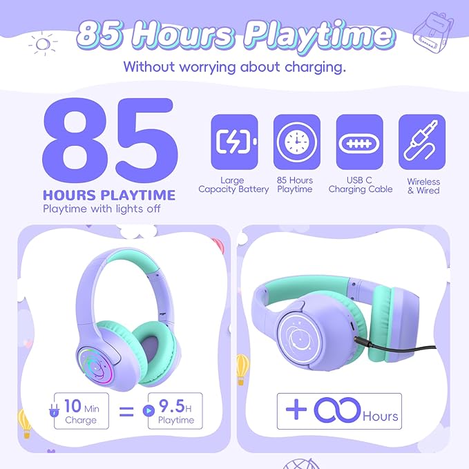 Kids Bluetooth Headphones, 85H Playtime Wireless Headphones for Kids, Colorful LED Lights, 85/94dB Safe Volume Limit, Bluetooth 5.4 Built-in Mic Toddler Headset for Tablet/Airplane/Travel (Purple)