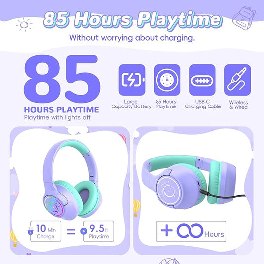 Kids Bluetooth Headphones, 85H Playtime Wireless Headphones for Kids, Colorful LED Lights, 85/94dB Safe Volume Limit, Bluetooth 5.4 Built-in Mic Toddler Headset for Tablet/Airplane/Travel (Purple)