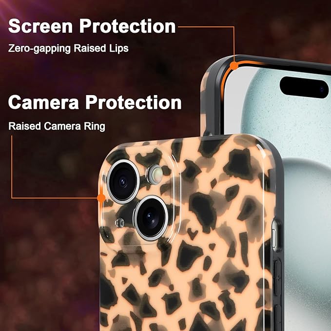 Phone Case for iPhone 15 Case White Shell Color Tortoiseshell Print TPU Slim Phone Cover for Women Girls Grily Brown Shockproof Phone Cover for iPhone 15, Tortoise Print