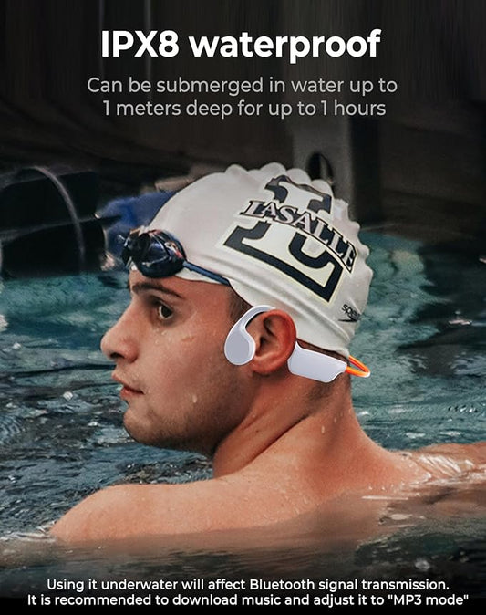 Swimming Waterproof Bone Conduction Headphones Bluetooth 5.3 lPX8 Underwater Waterproof Headphones for Swimming with 32GB MP3 Player Built in Earbuds for Sport Running Cycling Gym (White)