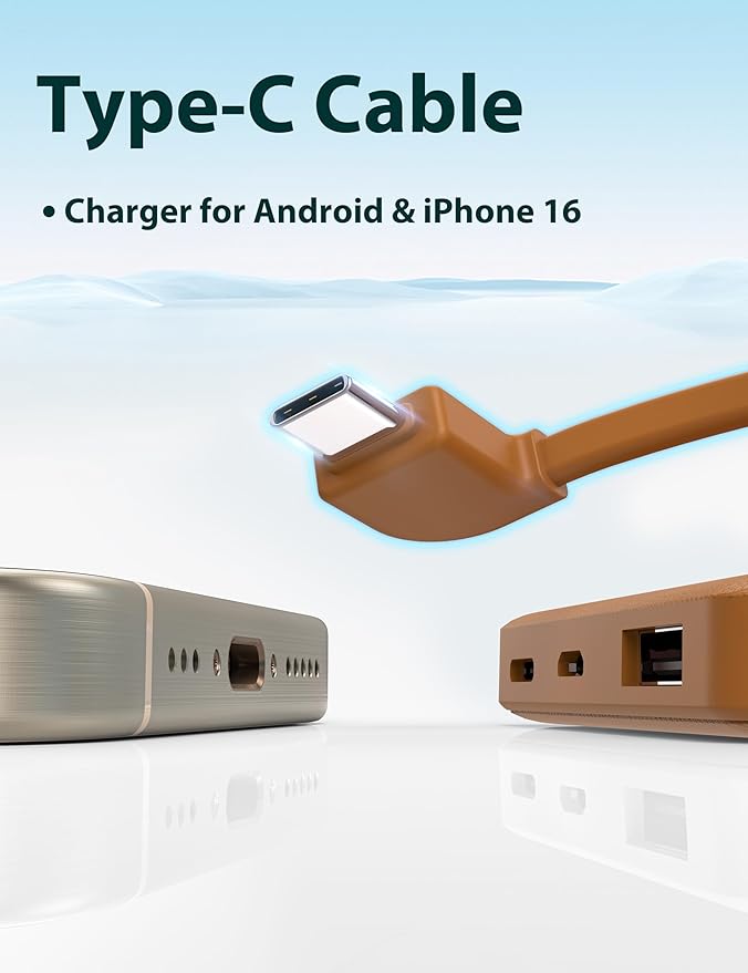 6000mah Ultra Slim Built in Cables Power Bank, Card Size Built in USB C Cords Battery Pack Portable Charger for Phones, 3 Output External Battery Pack Compatible with iPhone, Samsung, Google, Brown