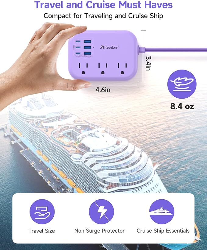 6 USB(3 USB C) Purple Travel Power Strip- 5Ft Purple Extension Cord with USB Charging Station 24W and 3 Outlets, Pink Desk Accessories for Cruise Travel Cute Kawaii Lavender Home Office Dorm Room