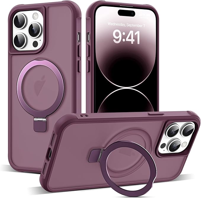 Compatible with iPhone 14 Pro Case with Invisible Magnetic O-Ring Stand Military-Grade Translucent Case for iPhone 14 Pro 6.1" [Compatible with Mag-Safe][Great Grip Feeling], Wine Red
