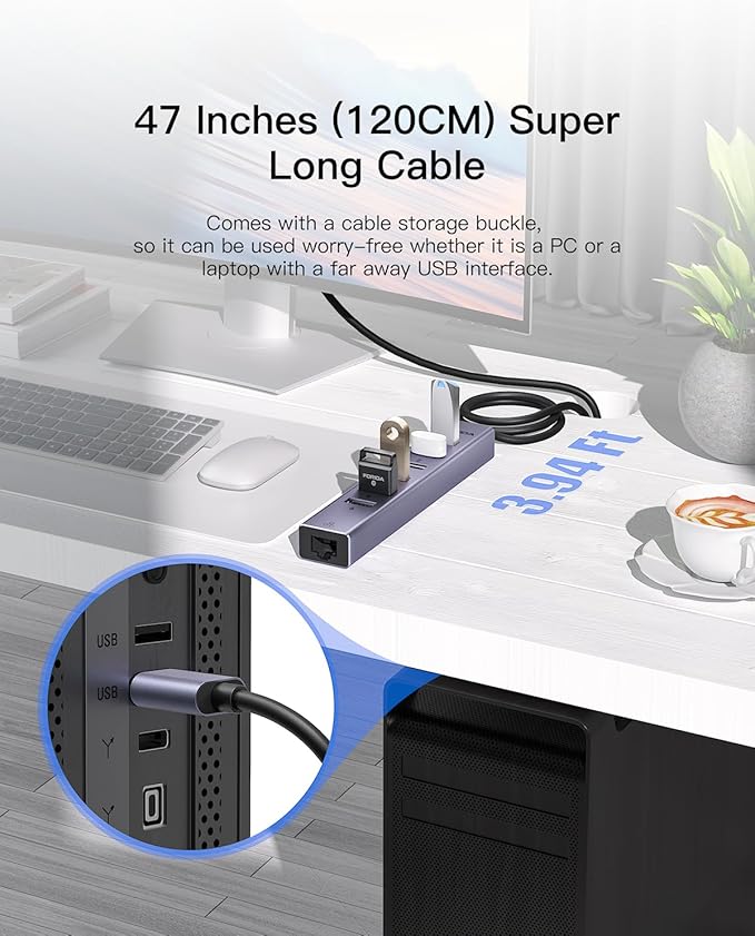 7 Port USB Hub USB Ethernet HUB with 3.9ft Long Cable for Laptop, USB Splitter with Gigabit Network Port and 5V/3A Power Port, Aluminum MultiPort Expander for Laptop, iMac, PC, Flash Drives