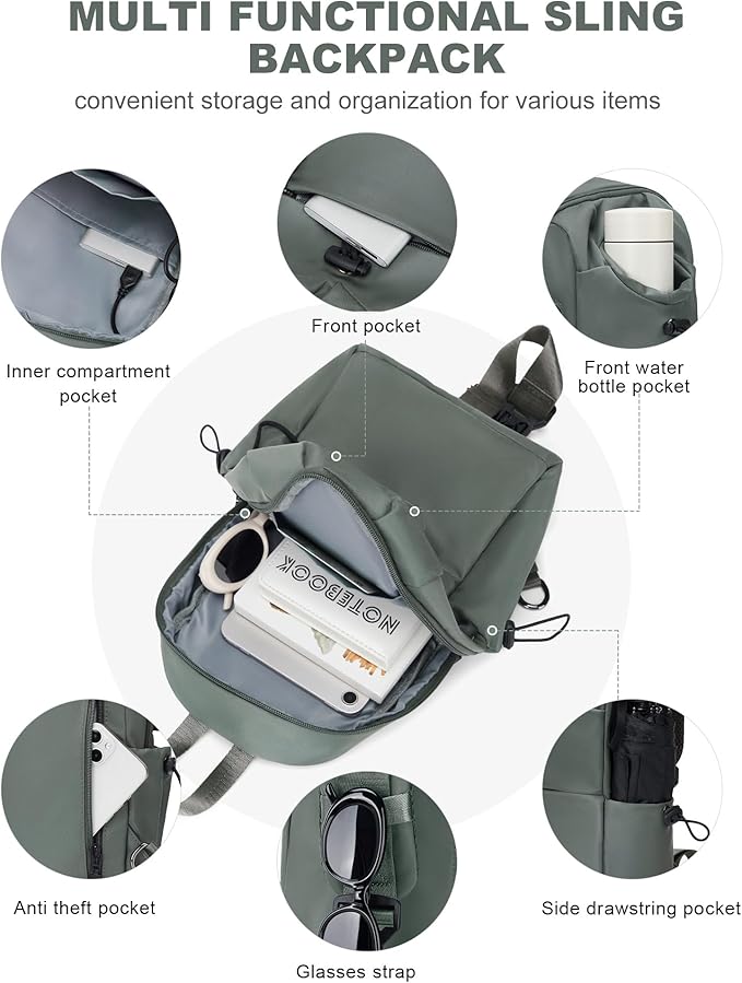 Small Green Sling Crossbody Backpack Shoulder Bag for Men Women - Mini One Strap Sling Bag Fanny Pack Daypack, Waterproof Nylon Chest Bag for Motorcycle Hiking Travel Gym Sport