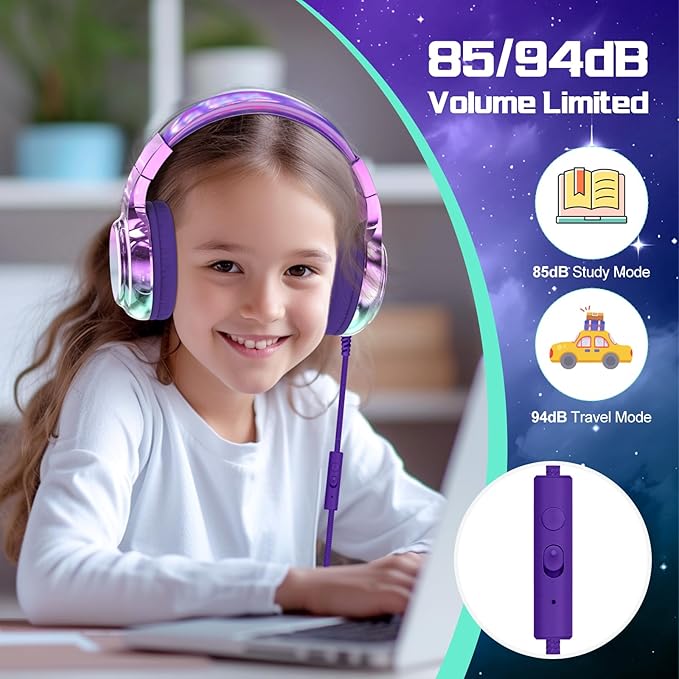 QearFun Kids Headphones Wired with Mic, 85/94dB Safe Volume Limit, Foldable Over Ear, Tangle-Free Cord & Sharing Port, Wired On-Ear Headset for School, Chromebook, Tablet, Travel - Boys & Girls