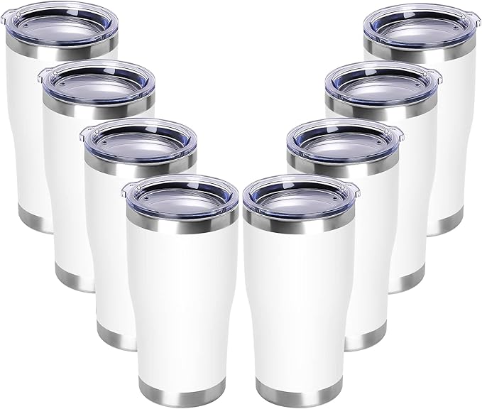 DOMICARE 20oz Tumbler with Lid Stainless Steel Tumblers Bulk, Double Wall Vacuum Insulated Coffee Travel Mug Powder Coated Tumbler, 8 Pack White