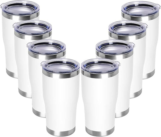 DOMICARE 20oz Tumbler with Lid Stainless Steel Tumblers Bulk, Double Wall Vacuum Insulated Coffee Travel Mug Powder Coated Tumbler, 8 Pack White