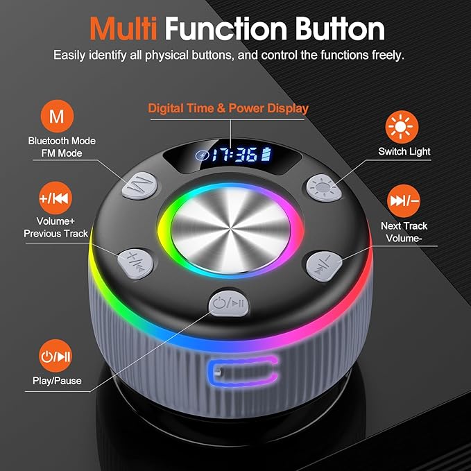 Bluetooth Shower Speaker, Portable Bluetooth 5.3 Speakers Wireless with Time Display, IP7 Waterproof Speakers with RGB Light, Suction Cup, Mini Stereo Speaker for Bathroom Party Beach Gifts, Grey