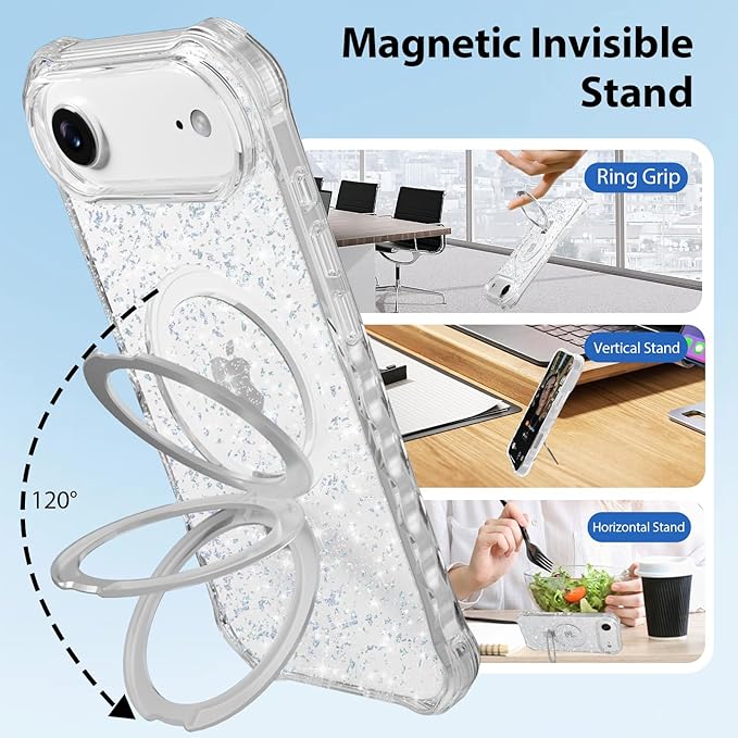 Magnetic for iPhone Air Case with Invisible Stand, Compatible with MagSafe, Clear Bling Sparkle Shockproof Slim Anti-Slip Military Drop Protection Hard Phone Case 6.5" Glitter Silver