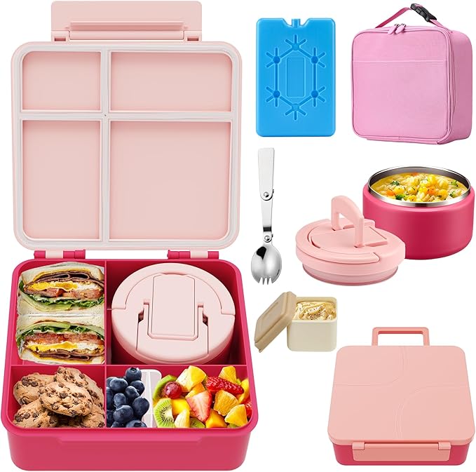 MAXSO Bento Lunch Box Set with 8 oz Soup Thermo, Kids Leakproof 4 Compartments Hot Food Container with Sauce Cup, Ice Pack and Lunch Bag, Child Insulated Food Jar for School - Pink