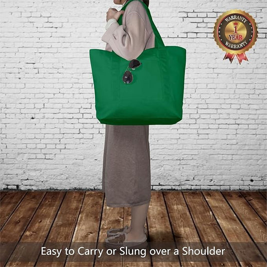 TOPDesign 3-Pack Canvas Tote Bags with an External Pocket, Reusable Grocery Shopping Bags, Top Zipper Closure, Daily Essentials (Green)