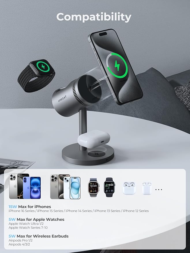 3 in 1 Charging Station Compatible with MagSafe, Cooling Wireless Charger 15W Qi2 Certified for iPhone 17/16/15/14/13/12, Samsung S25, Apple Watch, AirPods (45W PD Charger Included)