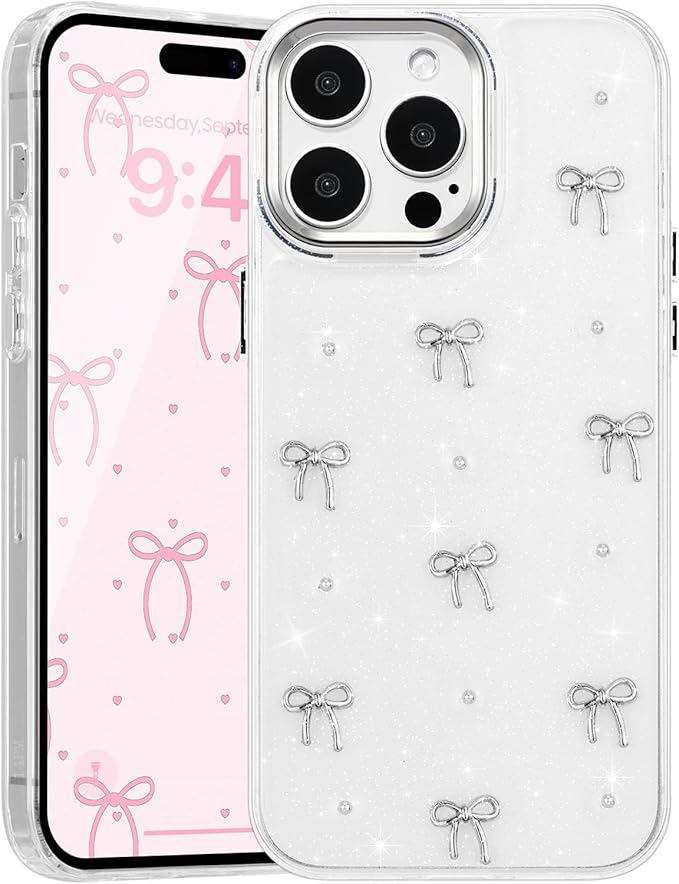 EYZUTAK Case for iPhone 14 Pro, Bling Glitter 3D Bowknot Phone Case Cute Sparkly Crystal Clear Bow Aesthetic Design Case Slim Soft Durable TPU Transparent Protective Cover for Women Girls - Bow