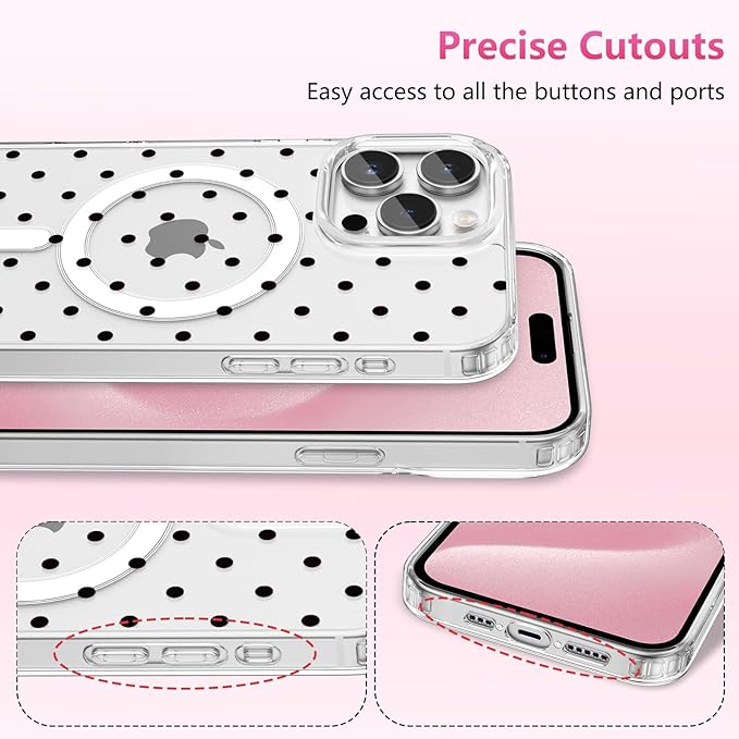 ZTOFERA Magnetic for iPhone 15 Pro Case,Cute Polka Dot Phone Case Aesthetic Striped Clear Trendy Slim Soft Shockproof Protective Phone Cover for Women Girls, Black Dot