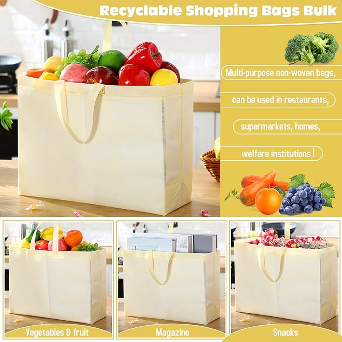 Windyun Reusable Grocery Bags Large Non Woven Shopping Bags with Handles Foldable Portable Tote Bulk, 16x6x12 Inch