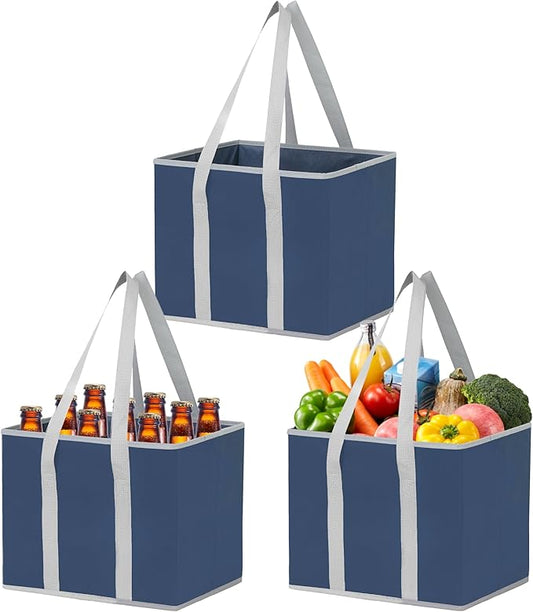 VENO 3 Pack Reusable Grocery Bags, Shopping Bags for groceries, Utility Tote with Handles and Hard Bottom, Foldable Shopping Cart Organizer, Heavy-Duty (Dark Blue, 6 Gallon-3 Pack)
