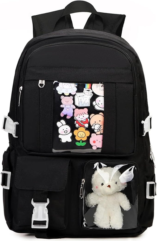 Kawaii Backpack for Teen Girls, Cute Aesthetic High Middle School College Bookbag with Accessories, Black