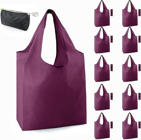 BeeGreen Burgundy Reusable Shopping Bags for Groceries 10 Pack DIY Reusable Grocery Bags Washable 50LBS folding with Zipper Carry Pouch Tote Gift Bags Durable Polyester