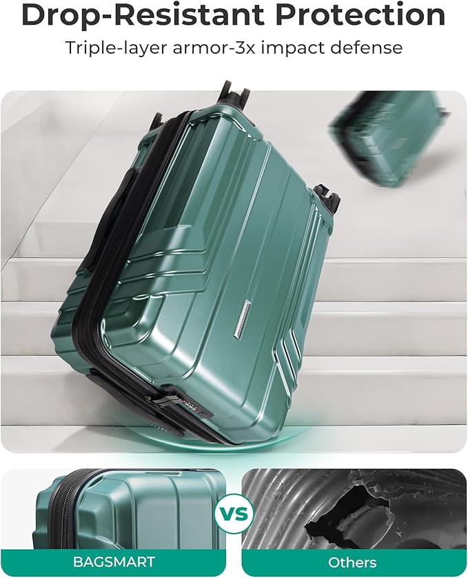 BAGSMART Expandable Carry On Luggage 22x14x9 Airline Approved, 1OO% PC Lightweight Hard Shell Suitcase, 20 Inch Travel Luggage with Spinner Wheels,Carry on Olive Green