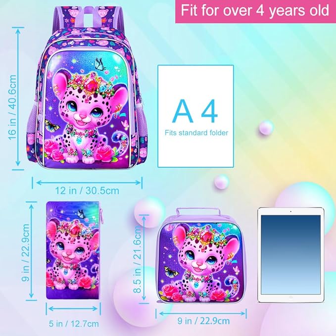 3Pcs Girls Backpack, 16" Kids Bookbag with Lunch Box，Leopard School Backpacks for Elementary Preschool Kindergarten (Purple)