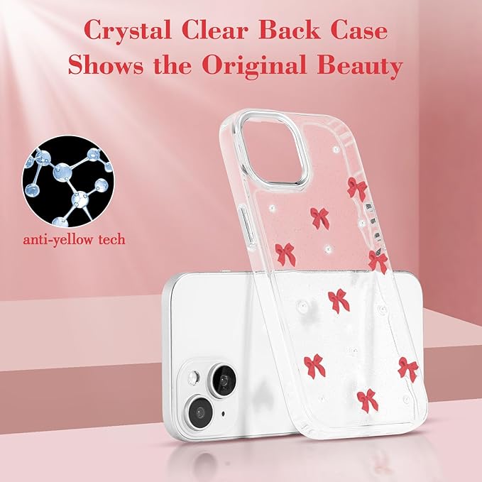 EYZUTAK Case for iPhone 14 Plus, Bling Glitter 3D Bowknot Phone Case Cute Sparkly Crystal Clear Bow Aesthetic Design Case Slim Soft Durable TPU Transparent Protective Cover for Women Girl - Red Bow