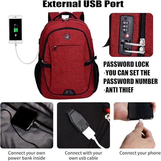 SHRRADOO Anti Theft Laptop Backpack Travel Backpacks with usb Charging Port for Women Men High School College Backpack Computer Bag Fits 17 Inch Laptop,Red